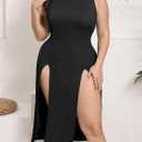 SILUI Women's Mock Neck Ribbed Knit Sexy Double High Slit Dress Plus Size 2025 Fall Going Out Long Midi Dresses (Black, XXL)