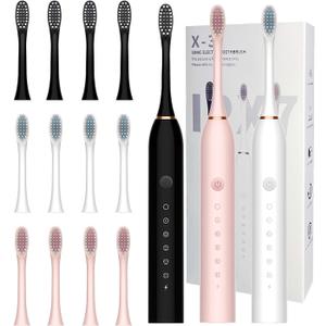 3 Pack Electric Toothbrush with 6 Modes, Rechargeable Toothbrushes with 12 Brush Head, Fast Charge 2 Min and 30s Timer Toothbrush (Black&pink&white)