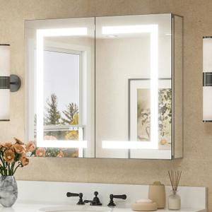 TETOTE LED Lighted Medicine Cabinet with Lights 30 x 26 Recessed or Surface Mount Cabinet Mirror for Bathroom Wall, 2 Door Tempered Glass Led Vanity Cabinet, Outlets & USB, 3-Color Dimming, Anti-Fog