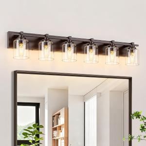 6 Light Modern Bathroom Light Fixtures Over Mirror, Bronze Finish Vanity Lights for Bathroom Wall Sconces with Clear Glass Shades, E26 Socket (Bulbs Not Included)