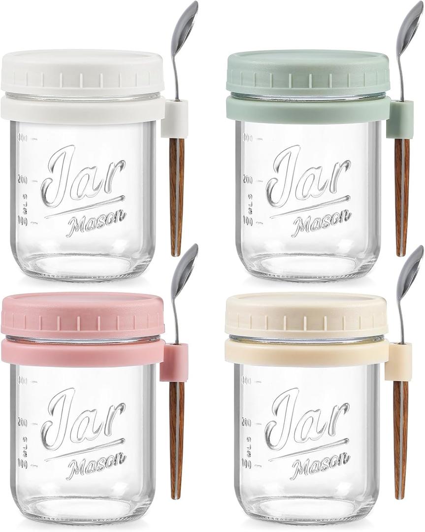 4 Pack Overnight Oats Containers with Lids and Spoons, 16 oz Glass Mason Jars with Airtight Lids, Overnight Oats Jars for Milk, Cereal, Fruit (Light Colors)