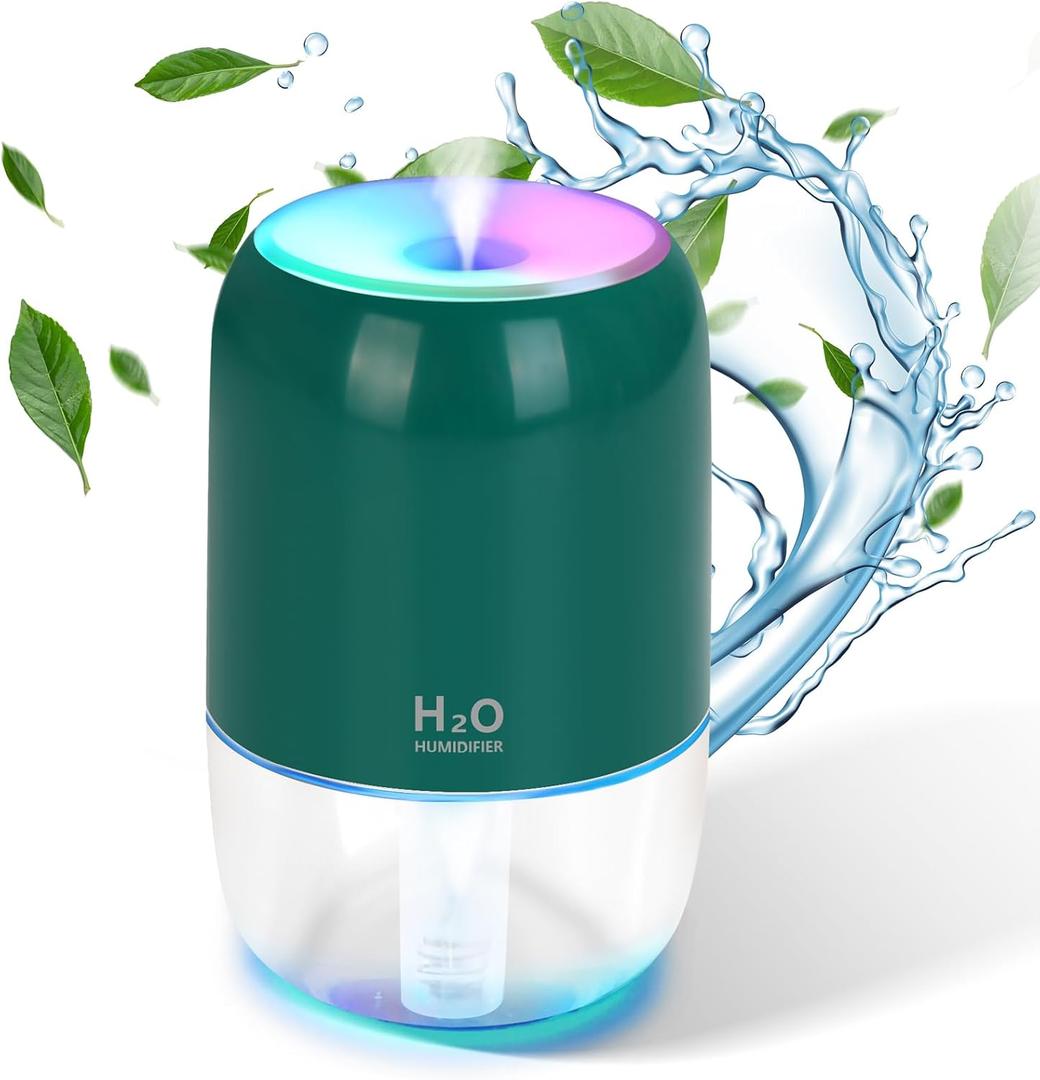 Mini Humidifiers for Bedroom, 200ml Cool Mist Humidifiers for Home Nursery Indoor Plants, Room Humidifier for Bedroom Quiet Easy Clean Auto Shut-off Top Fill Humidifier for Car Office Desktop, Green