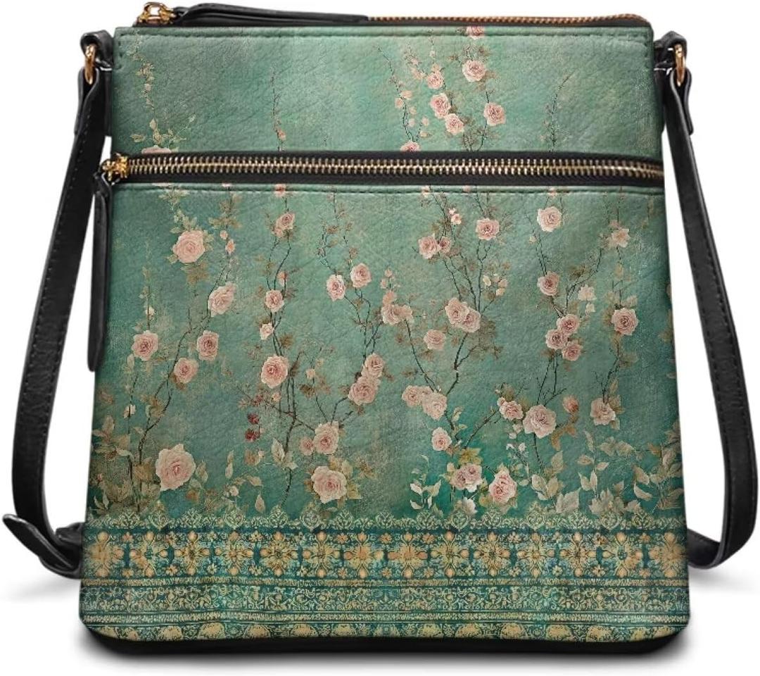 Casual Crossbody Bags for Women PU Shoulder Purse Bag Lightweight Messenger Bag with Zipper for Travel Shopping (Baroque Flower Rose)