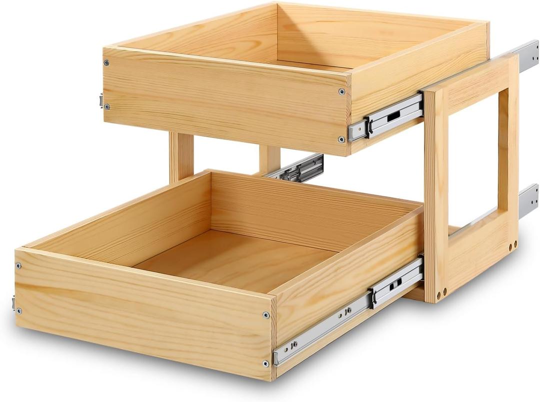 Mulush Pull Out Cabinet Organizer, 20''W×21''D×16''H Soft Close Slide Out Wood Drawer Shelves Storage for Kitchen, 2-Tier, Finished, Heavy-Duty, Bottom Assembly