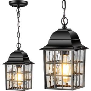 VIANIS Outdoor Pendant Lights, Black Outdoor Lanterns for Front Porch Anti-Rust Aluminum, Outdoor Farmhouse Light Fixture, Gazebo Chandelier with Tempered Ripple Glass for Porch, Garage, Entryway