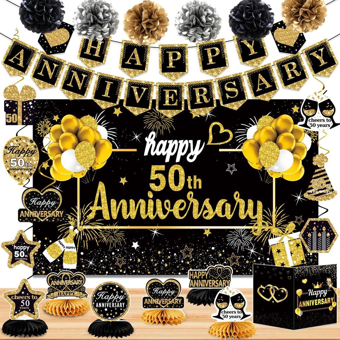 Happy 50th Anniversary Decorations - 22PCS Party Supplies Including Banner Backdrop, Card, 6 Honeycomb Topper, 6 Paper Poms, 7 Hanging Swirl