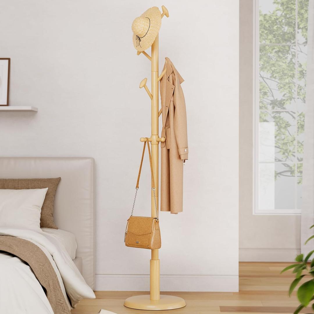 Solid Wood Coat Rack Freestanding Coat Tree with 10 Hooks for Bedroom, Livingroom, Entryway, Sturdy Coat Hanger Stand for Hats, Coats, Scarves, Handbags, Purses (Natural Wood Color)