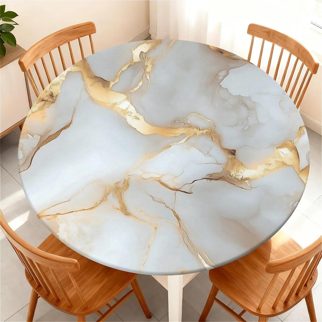 Waterproof Round Tablecloth with Elastic Edge, Fitted Round Table Cover Wipeable Summer Tablecover Fits Tables up to 45-48 for Kitchen Picnic Party, White Gold Marble