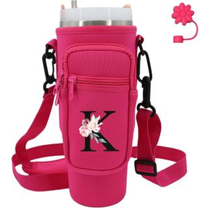 Water Bottle Carrier with Strap for Stanley 40 oz Tumbler,Personalized Initial ID Name Stanley Bag with Phone Pocket, Adjustable Strap, Stanley Cup Accessories (Hot Pink)