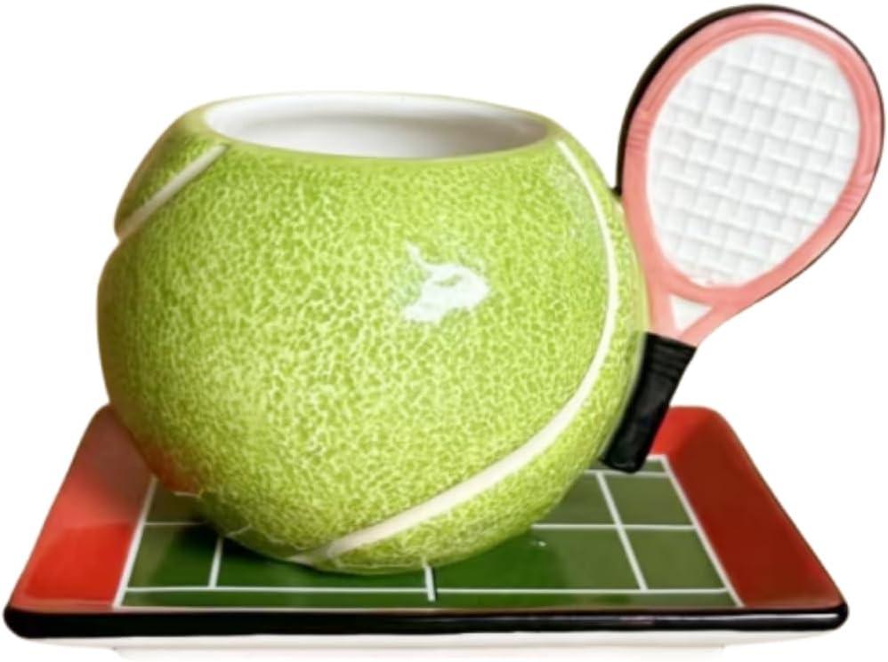 Ceramic Coffee Mug and Saucer set, 3D Handmade and Hand-painted Tennis and Tennis Court Design Tea Mug, 250ml(8.45oz)