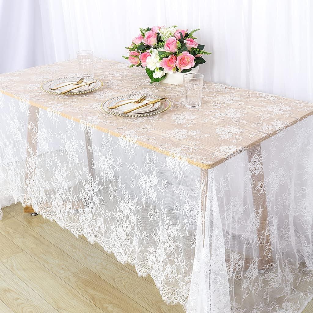 Pardecor 60x120 Inch White Embroidered Lace Tablecloth - Vintage Floral Overlay for Wedding, Bridal Shower, Tea Party & Home Decor, Washable Linen Rectangular Table Cover, 126" x 60"