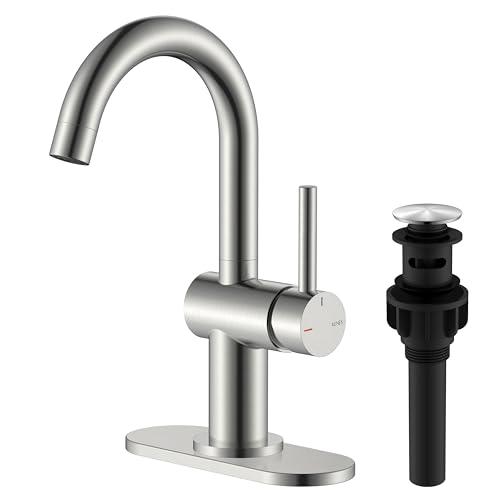 KENES Brushed Nickel Bathroom Faucet Single Handle Modern Prep Wet Bar Sink Faucet Bathroom Sink Faucets with Drain Assembly & Deck Plate, Farmhouse RV Camper Outdoor Utility Faucet, KE-9005B