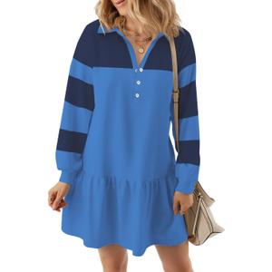 kipfall Women's Casual Dresses Long Sleeve Button V Neck Sweatshirt Dress Lapel Collared Pullover Dress (Blue, M)