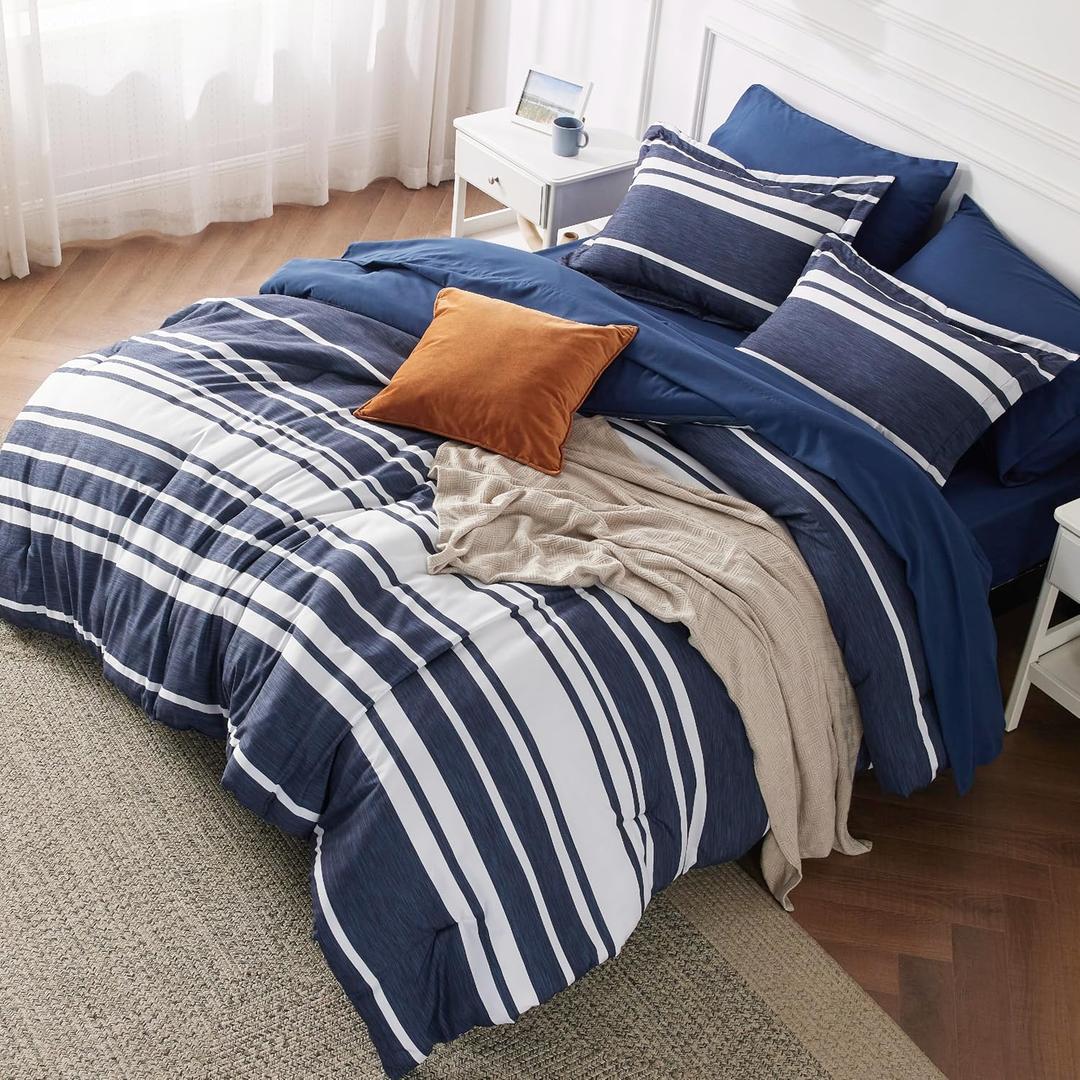 Bedsure Queen Comforter Set 7 Pieces, Navy Striped Bedding Set for Queen Size Bed Reversible, Cationic Dyeing Bed in a Bag with Comforter, Sheets, Pillowcases & Shams