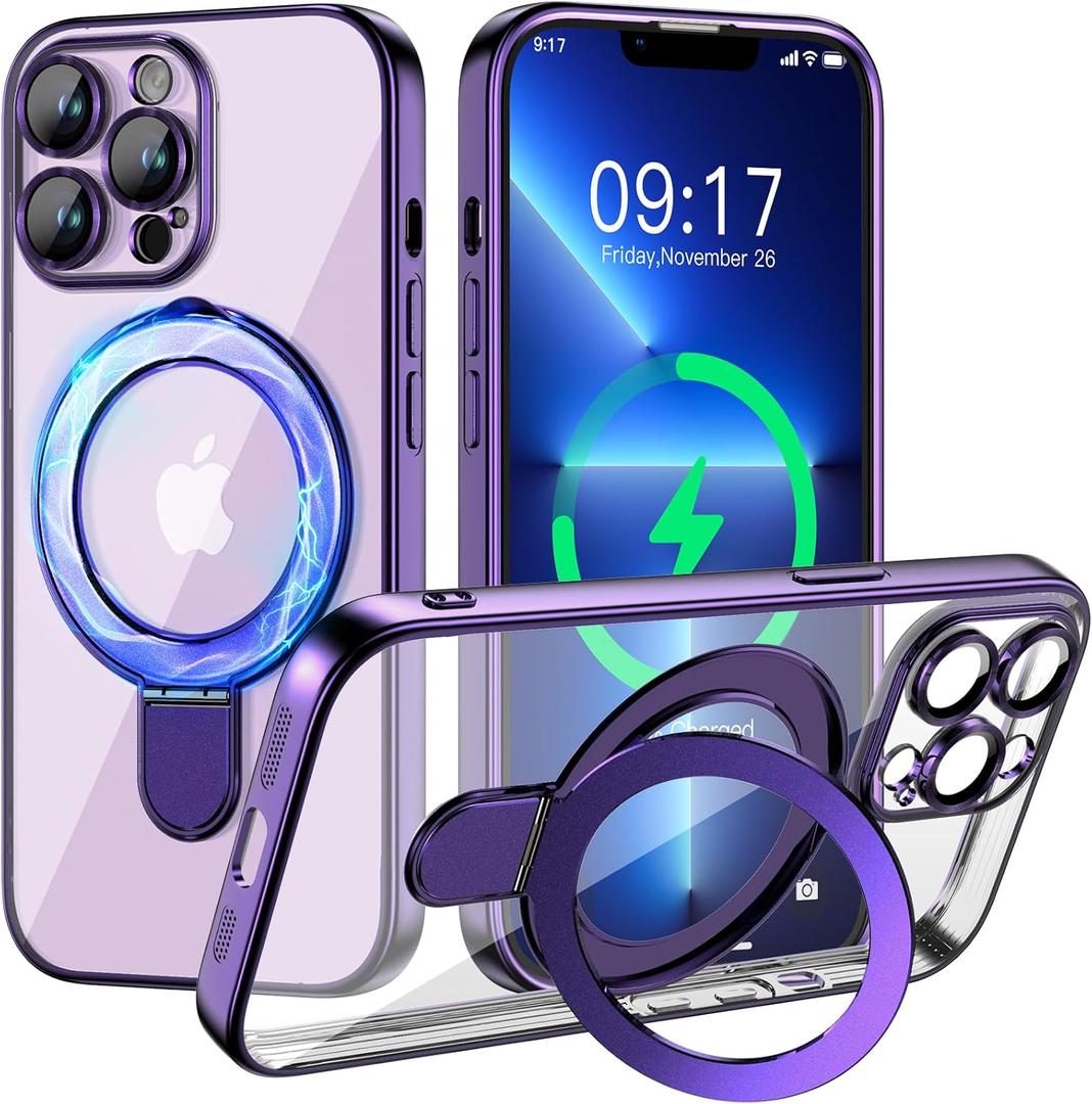 Magnetic for iPhone 13 Pro Case with Invisible Stand[Compatible with MagSafe][Full Camera Lens Protector][Military Drop Protection] Shockproof Not Yellowing Clear Slim Soft for Women Men (Purple)