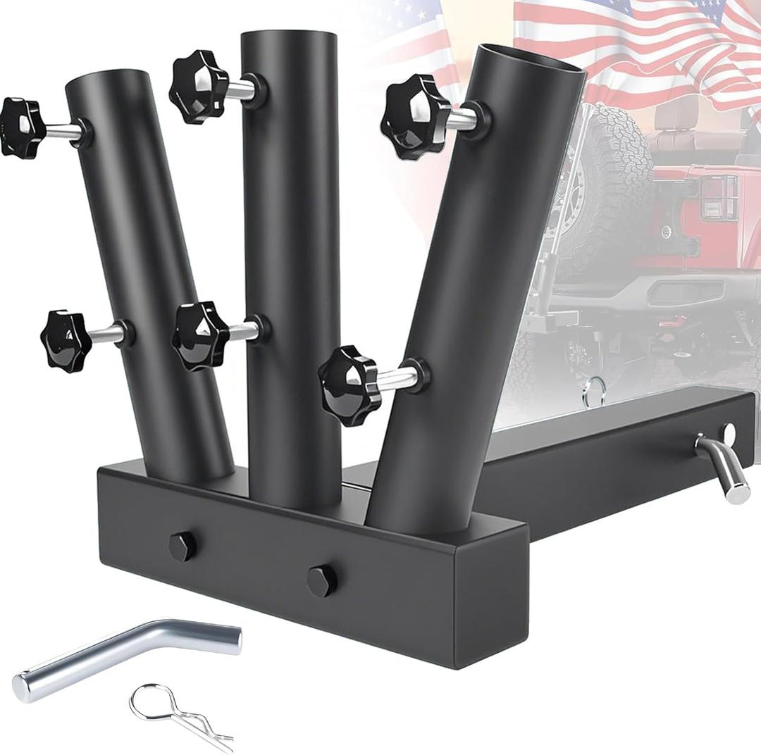 Hitch Mount Flagpole Holder - Powder Coated, Anti-Rust Drainage Hole, Fits Standard 2" Trailer Hitch, Compatible with Jeep, Truck, SUV, RV, Pickup, Camper (Triple Flagpoles)