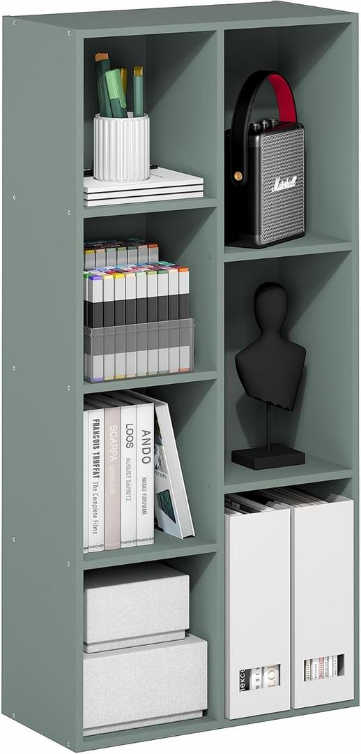 Furinno LUDER Book Shelf, 7-Cube Bookshelf, Bookcase with Open Shelves, 9.4 x 19.5 x 41.7, Easy Assembly, for Living Room, Bedroom, Home Office, Sage Green