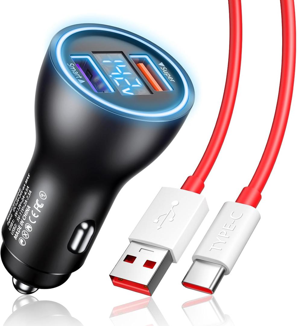 Car Charger for SuperVOOC 100W 80W for OnePlus 13 15 13R 12R 12 11 10 Pro, 65W Warp Charger for OnePlus Nord N30 N100 Open Pad 9 Pro 8 7T 6T 6 LED Display Dual USB Car Charge Adapter 3.3FT Fast Cable