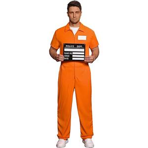 Arvilhill 5 Pcs Prisoner Costume for Men Orange Short Sleeve Uniform Outfit with Handcuffs Sign Number Stickers Tattoo Halloween Clothing M