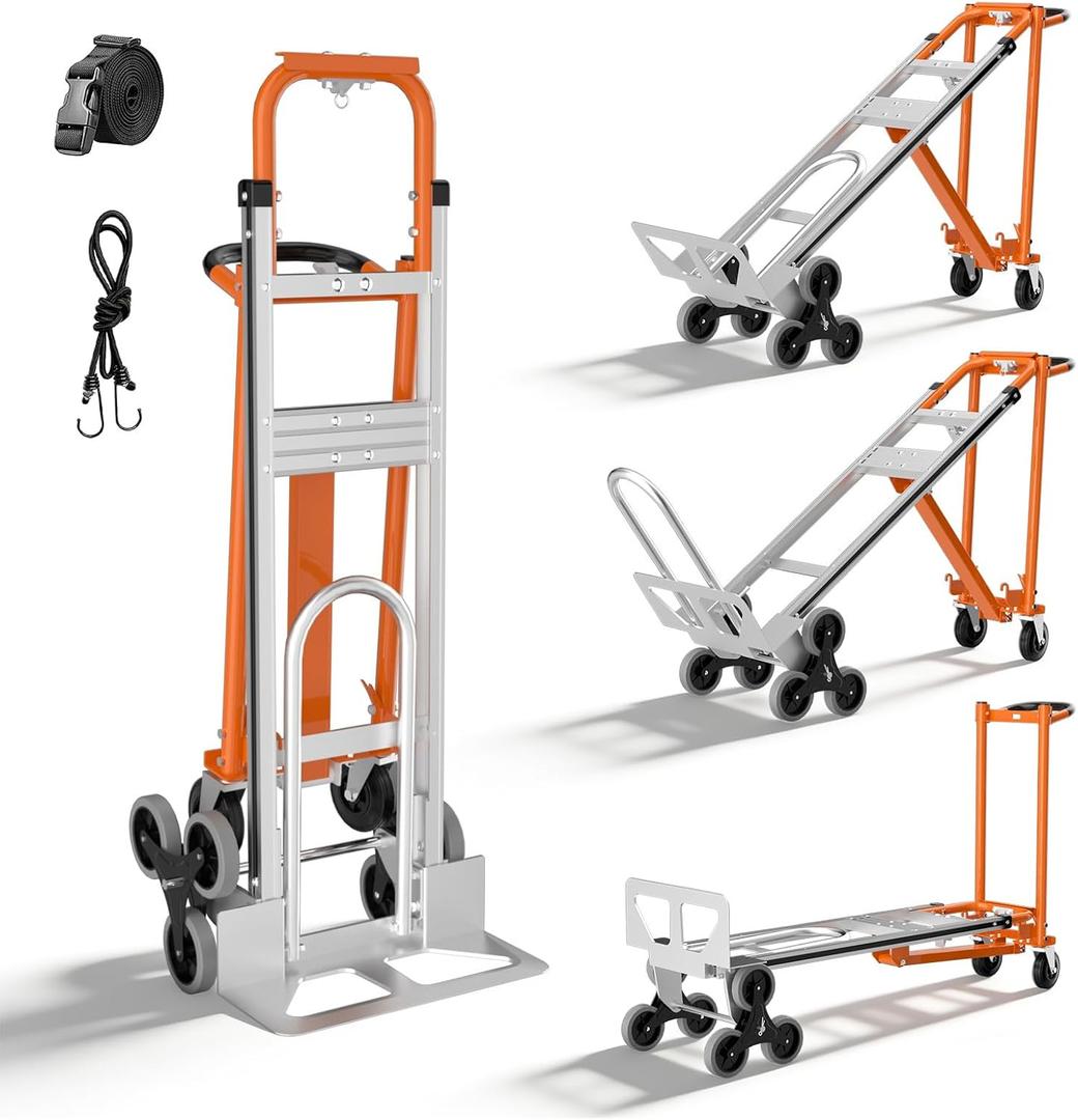 Aluminum 4 in 1 Convertible Hand Truck Dolly Cart with Wheels, 1000Lbs Capacity, Heavy Duty Stair Climbing Hand Trucks with Bungee Cord&Strap for Flat Ground & Stairs, Logistics, Home, Office, Orange