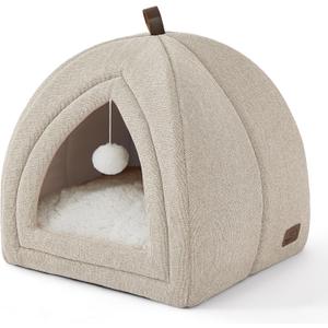 Bedsure Cat Beds for Indoor - 2 in 1 Cat Cave House Tent for Kittens and Small Pets with Removable Washable Cushioned Pillow, Foldable Kitten Hideaway with Non-Slip Bottom, Khaki, 16 inches