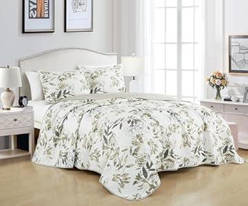 Chezmoi Collection Glory 3-Piece Floral Quilt Set King - Multicolor Blue White Gray Waterbrush Printed Microfiber Lightweight Bedspread Set for All Season
