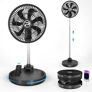 PANERGY 10 Portable Fan 20000mAh Battery Operated Rechargeable, Auto-Oscillating Pedestal Fan with Remote,4 Speeds, Quiet, Cordless Foldable Telescopic Fan for Travel, Bedroom, Home, Office (Black)