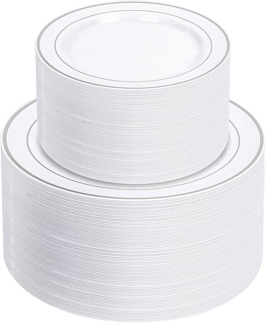 NOCCUR 200PCS Silver Plastic Plates Disposable for 100 Guests - Include 100 Dinner / 100 Dessert Plates Heavy Duty - Ideal for Party/Wedding/New Year