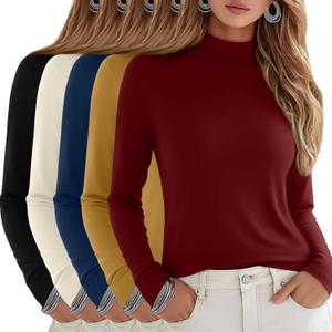 5 Pack Women's Cotton Mock Turtleneck Long Sleeve T-Shirts, Basic Tops Slim Fitted Stretch Underwear Layer Tee (XX-Large, Black, Cream, Haze Blue, Ginger Yellow, Wine Red)