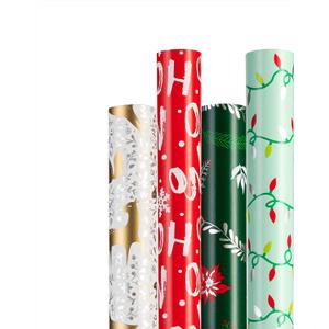 Christmas Wrapping Paper for Gifts(4 Rolls: 148 sq. ft. ttl) Reindeer, Christmas Pine Tree Leaf, Snowflakes, Rabbit Squirrel Bird Fox - 30 inches x 14.8 feet Per Roll - Christmas Elements Collection