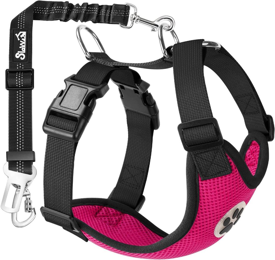 SlowTon Dog Seat Belt Harness for Car, Dog Car Harness Adjustable Mesh Breathable & Dog Seatbelt Safety Tether with Elastic Bungee for Pets(Fuchsia, Double Clip, M)