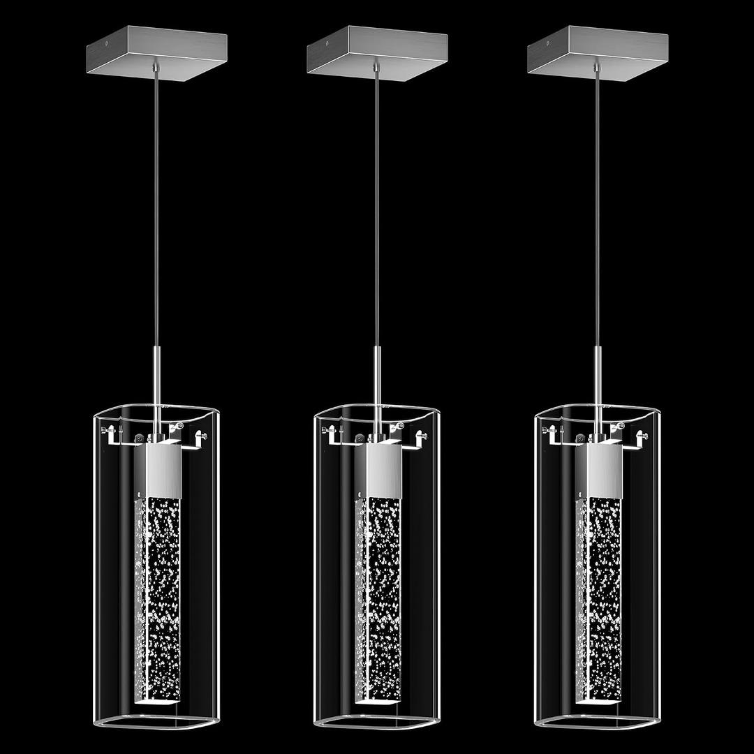 Pendant Lights Kitchen Island, 3 Pack 6500K LED Kitchen Lighting Crystal Island Light with Bubble Glass, Nickel Kitchen Hanging Light Fixture Modern Pendant Ceiling Light Fixture