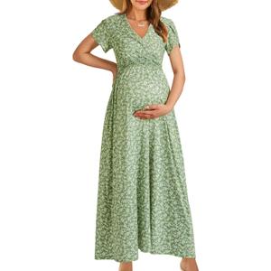 OUGES Maternity Maxi Dress V Neck Baby Wrap Summer Shower Pregnancy Dresses for Photoshoot 2025 (XX-Large, Green Floral)