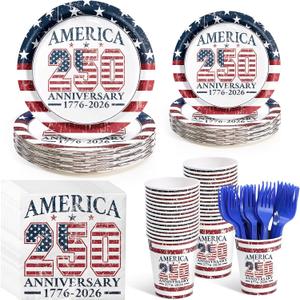 250 Pcs 250th Anniversary 4th of July Party Supplies for 50 Guests Vintage Patriotic Plates Napkins Cups Forks Red White Blue 4th of July Disposable Tableware for Independence Day Party Decor