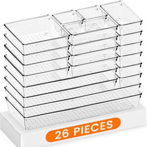 Criusia Drawer Organizer, 26 Pack Clear Plastic Drawer Organizer Bins, Versatile Organization and Storage Trays for Kitchen, Bathroom, Vanity Makeup and Office