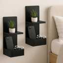 2-Tier Black Floating Wall Shelf, 20x8x6 Wall-Mounted Wooden Beside Shelf/Nightstand for Home Dcor, Plants, Cosmetics, Bathroom, Kitchen, Bedroom Storage (Black with Box)