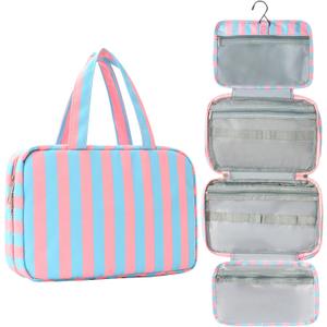 Toiletry Bag for Women Travel Water-resistant Cosmetic Bag Fashion Stripes Makeup Bag with Hanging Hook Preppy for Store Toiletries Cosmetic Accessories Medium Rose Red