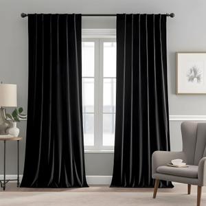 Black Velvet Curtains for Living Room 52" W x 108" L Luxury Blackout Curtains for Bedroom, Thermal Insulated Super Soft Window Drapes Rod Pocket & Back Tab, 2 Panels Set
