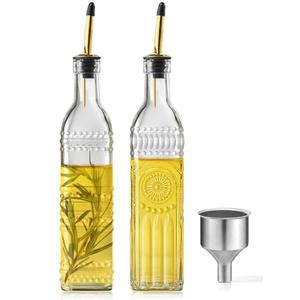 Ruiao 2 Pcs Olive Oil Dispenser Bottle for Kitchen,17oz Clear Glass Cooking Oil and Vinegar Dispenser Set, Coffee Syrup Dispenser with 2 Pourers and 1 Funnel (Two squares)