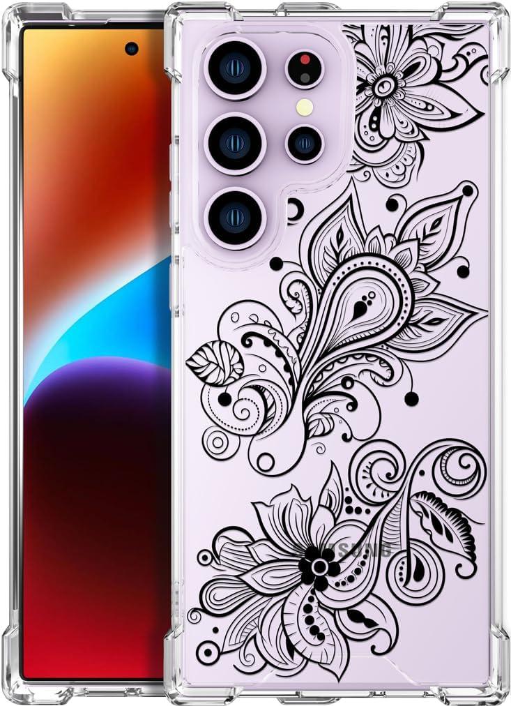 Compatible with Samsung Galaxy S23 Ultra Cases with Design, Cute Transparent Phone Case for Women Girls Girly with Heavy Duty Protective Bumper (Clear Black Henna Flower)