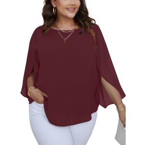 SCOMCHIC Plus Size Blouses for Women Summer Chiffon 3/4 Sleeve Tunic Tops Dressy Scoop Neck Casual Loose Flowy Shirts (5X-Large Plus, Burgundy)