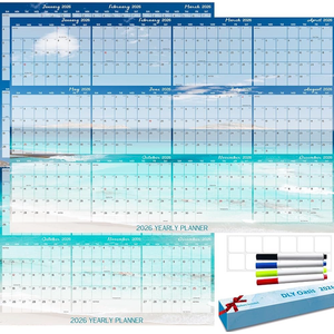 32" x 48" 2026 Wall Calendar Dry Erase  Large Rolled Beach Wall Calendar Wet & Dry Erasable Laminated 12 Month Annual Yearly Planner, Reversible, Horizontal/Vertical, Blue