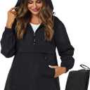 Avoogue Womens Rain Jacket with Hood, Pullover, Packable, Lightweight, Windbreaker, Waterproof, Breathable. (Large, Black)