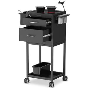 TASALON Salon Trolley Cart with Wheels, 2 Magnetic Bowls & Drawers | Mobile Hair Stylist Station for Tools Storage, Rolling Organizer Cart for Barber & Tattoo Supplies - Balck