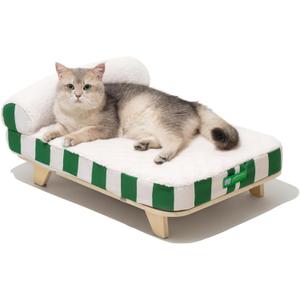 MEWOOFUN Modern Elevated Cat Couch Bed With Nonskid Bottom, Orthopedic Pet Sofa With Removable Washable Cover, Wooden Pet Furniture for Kitty Puppy, Green & White