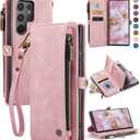 Defencase for Galaxy S25 Ultra Case Wallet with RFID Blocking Card Holder for Women Men, PU Leather Magnetic Snap Flip Wristlet Strap Zipper Wallet Phone Cases for Samsung Galaxy S25 Ultra 6.9", Pink (Airy Rose Pink)