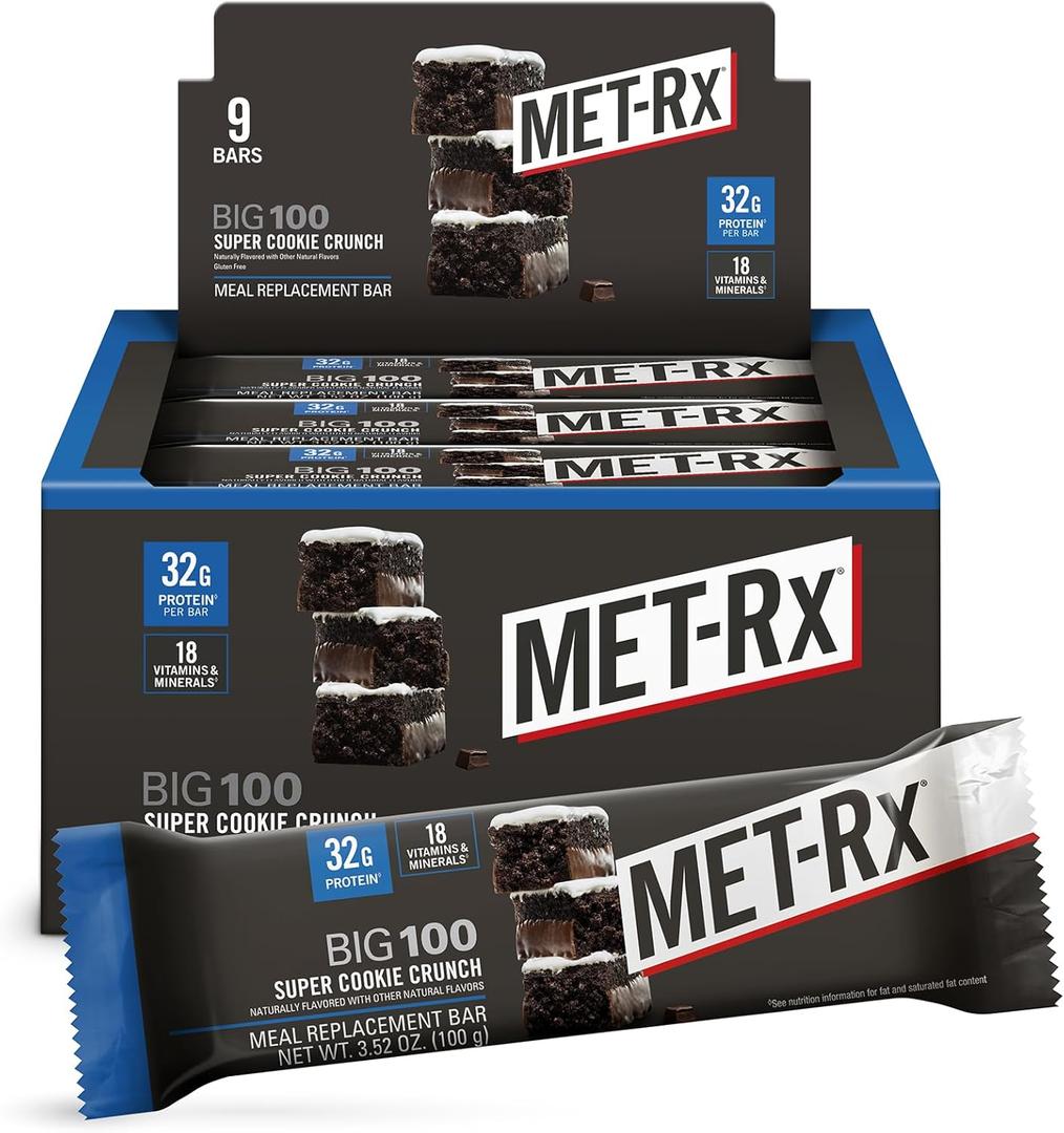 MET-Rx Big 100 Protein Bar, Meal Replacement Bar, 32G Protein, Super Cookie Crunch, 3.52 Oz (Pack of 9)