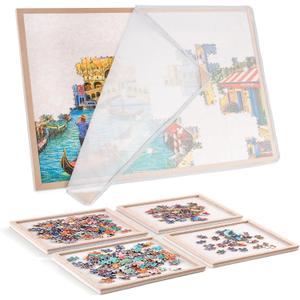 Puzzle Board with 4 Sorting Trays, Playing Surface with Protective Cover for 1000 Pieces, 31.5" x 23.6" Felt Display Board