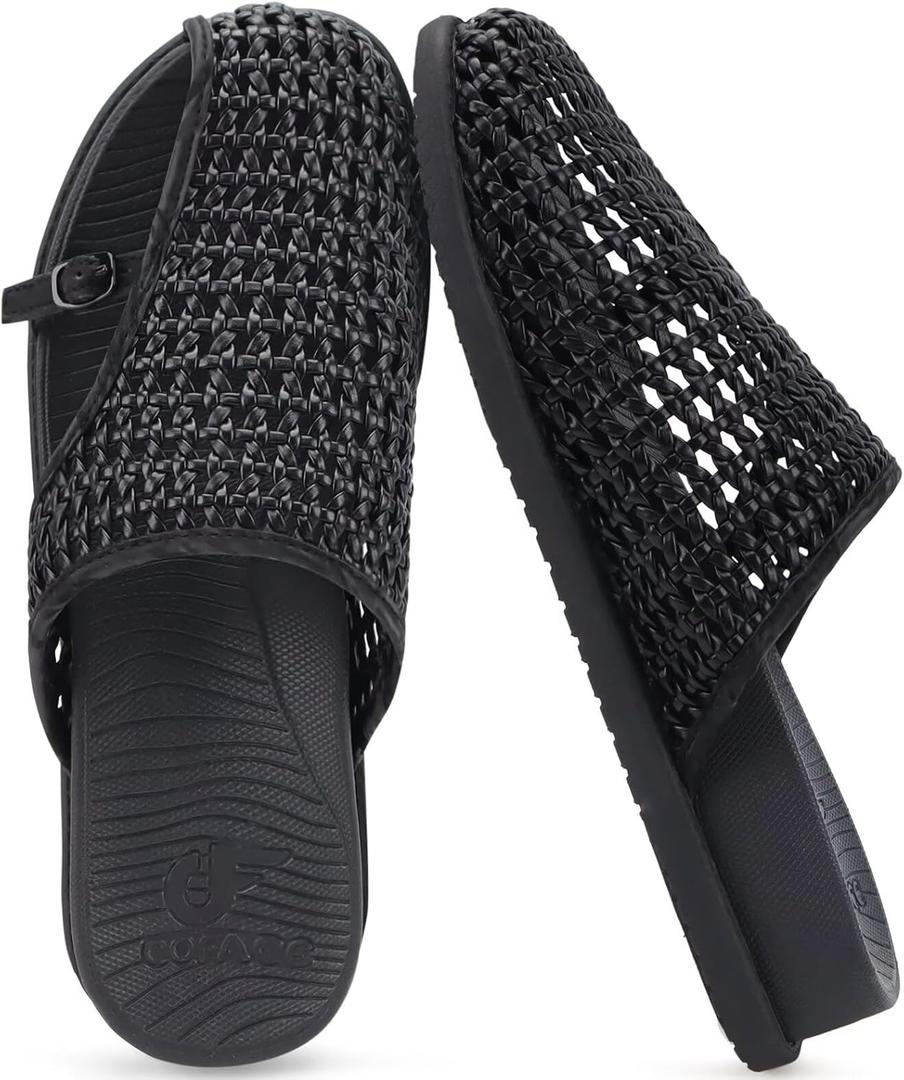 COFACE Womens Dressy Orthotic Sandals with Plantar Fasciitis Arch Support Ladies Breathable Woven Mesh Mules Lightweight Fashion Flats Sandles Comfortable Cushion Walking Slides