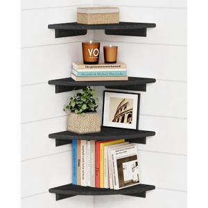 Forbena Black Floating Corner Bookshelf for Wall Set of 4, Large Corner Plant Shelves for Living Room, Rustic Rounded Hanging Bookshelves Wall Mounted for Bedroom Books, Kitchen, Closet, Office (12" Depth)